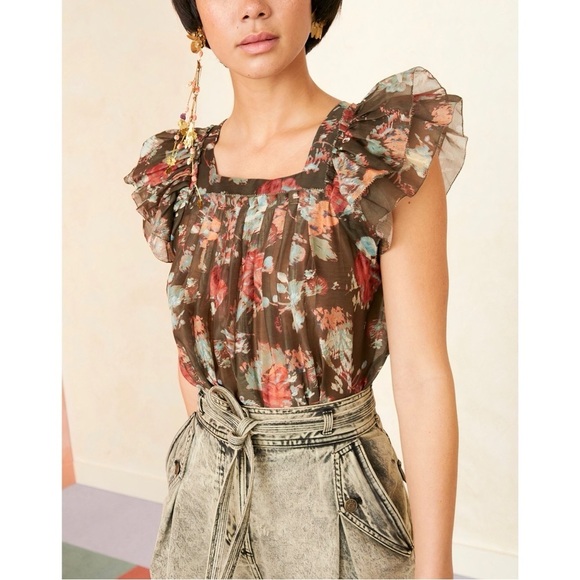 Ulla Johnson Silk-Blend Ruffle Floral Kiki Short-Sleeve Top - Picture 4 of 7